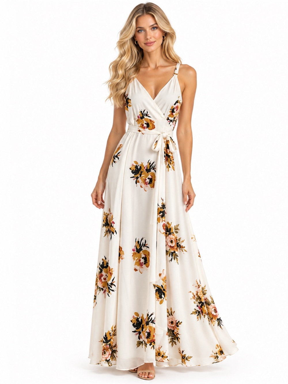 A.L.C. Cream Floral Wrap Maxi Dress with Mustard & Black Bouquets